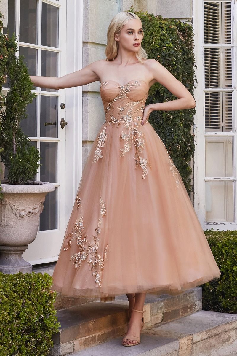 A1114 Rose gold tull tea length dress