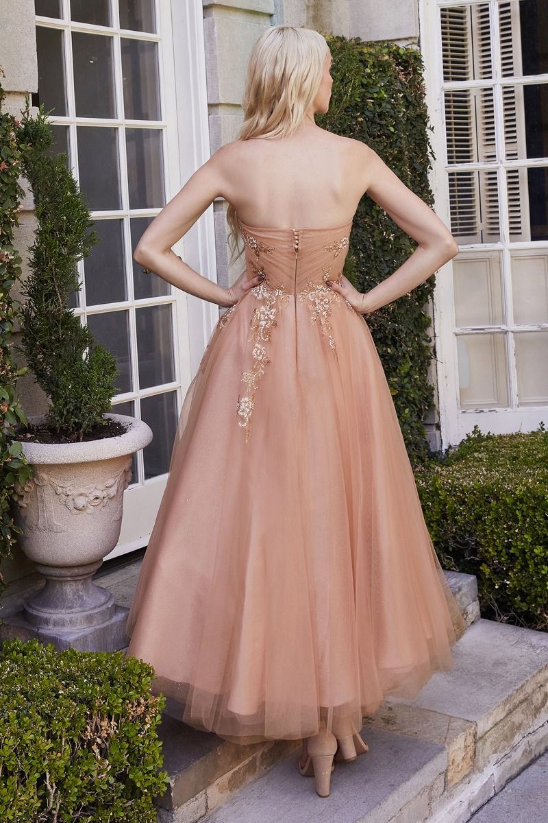 A1114 Rose gold tull tea length dress