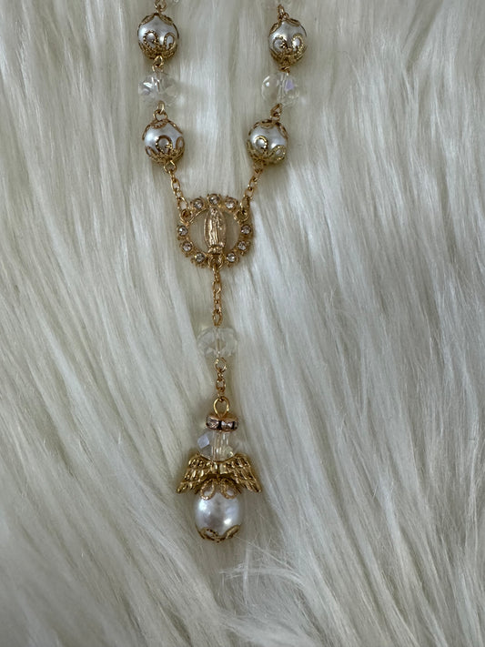 Pearl and angel gold Virgin Mary bracelet rosary favors