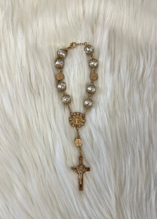 Gold cross pearl rosary bracelet favors