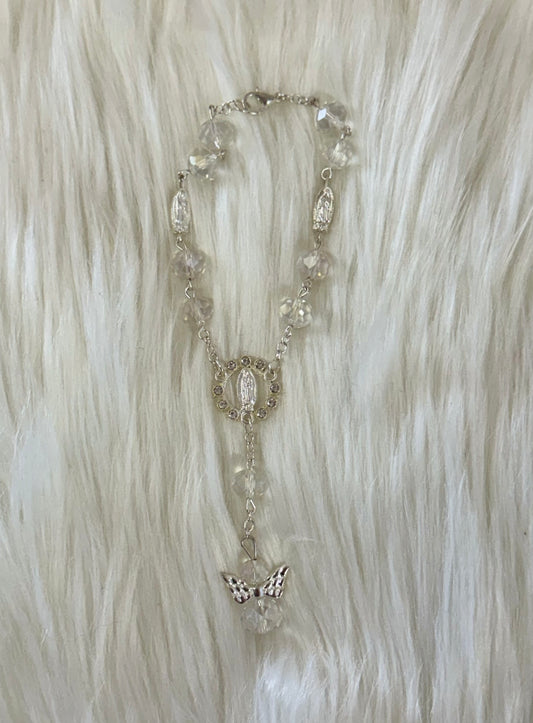 Clear beaded silver virgin Mary Rosary bracelet baptism favors