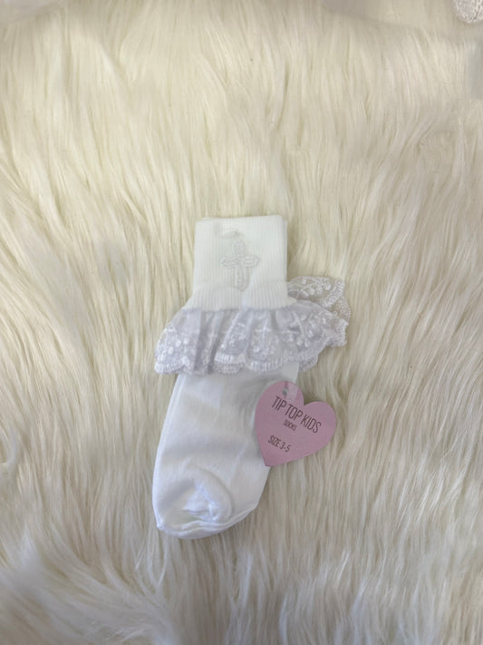 Baptism white ruffle socks with embroidered cross