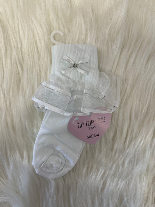 Baptism white and silver ruffle socks