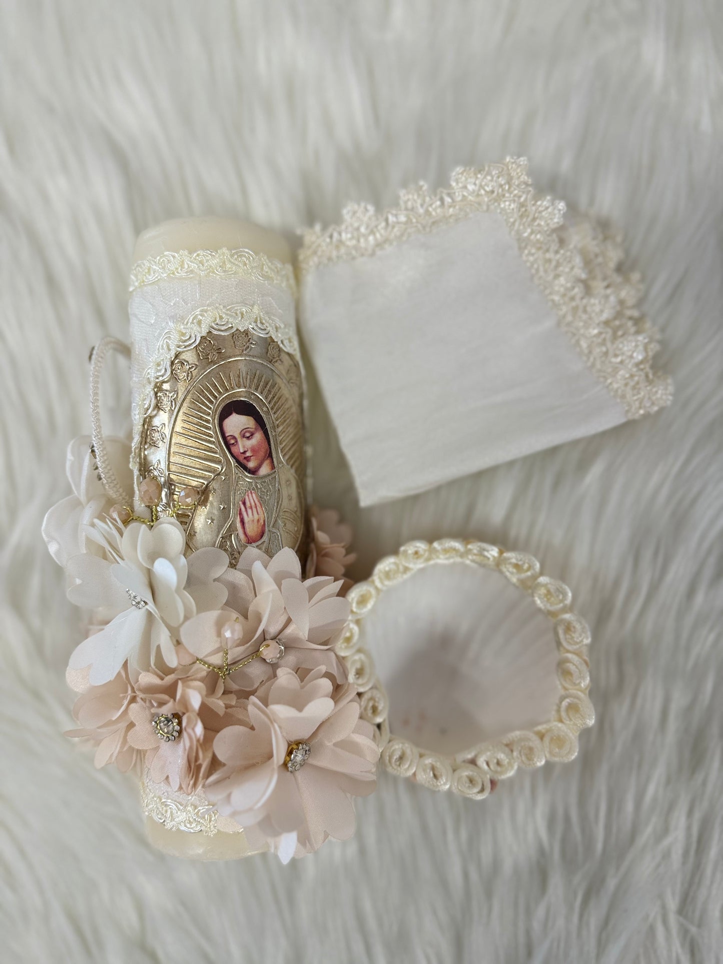 Virgencita flower baptism candle set